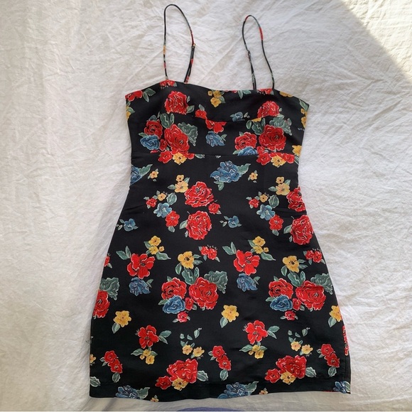 Realisation Christy Silk Spaghetti Strap Mini Dress Black 90s Floral Print - Picture 1 of 7